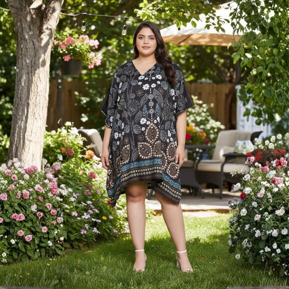 Gypsie Blu Tops - Black Floral Short Kaftan Knee Length Tunic Beach Summer Wear Beach Cover-Up
